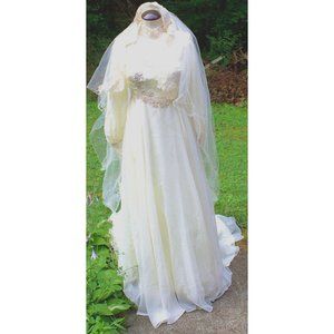 Vtg 80s Ivory Wedding Dress Veil Hi Neck Bead Sheer Cuffed Train Victorian Goth